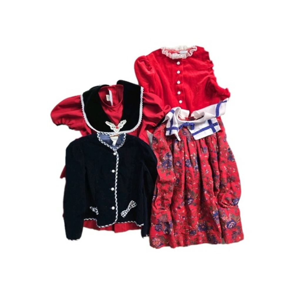 Vintage ‎ Storyland Girls  Dress Red Velvet White Lace 6x Button Up Lot Of 4